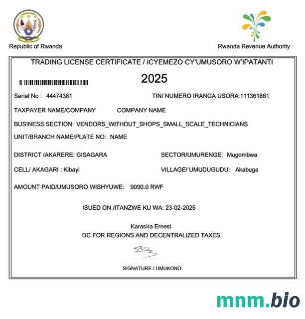 Rwanda trading license vcertyfikat Word i szablon PDF